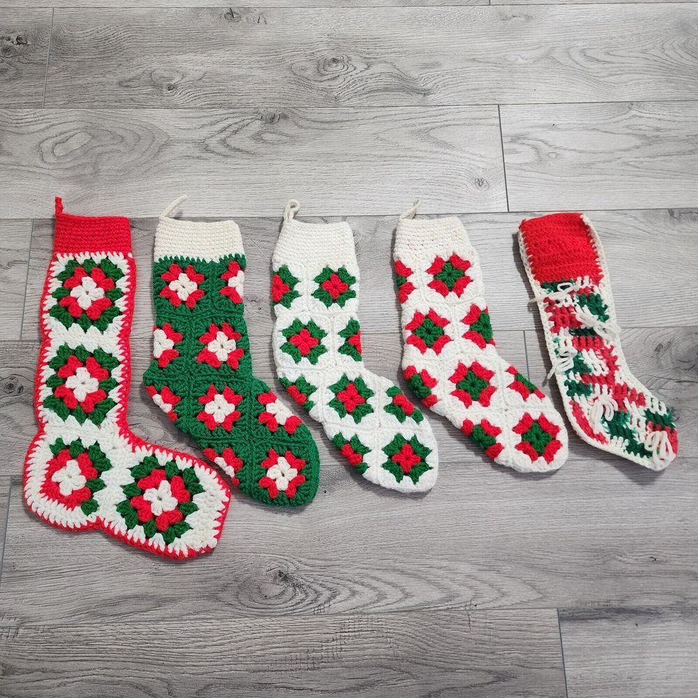 Lot of 5 Granny Square Christmas Stockings Crochet Afghan Red Green White Boho